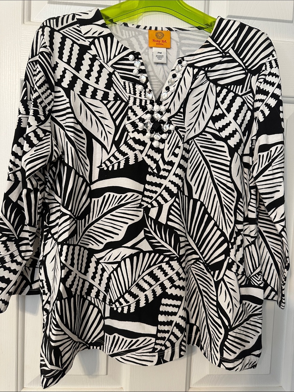 Ruby Rd Petites Black & White Leaf-Print Tunic with Beaded V-Neck